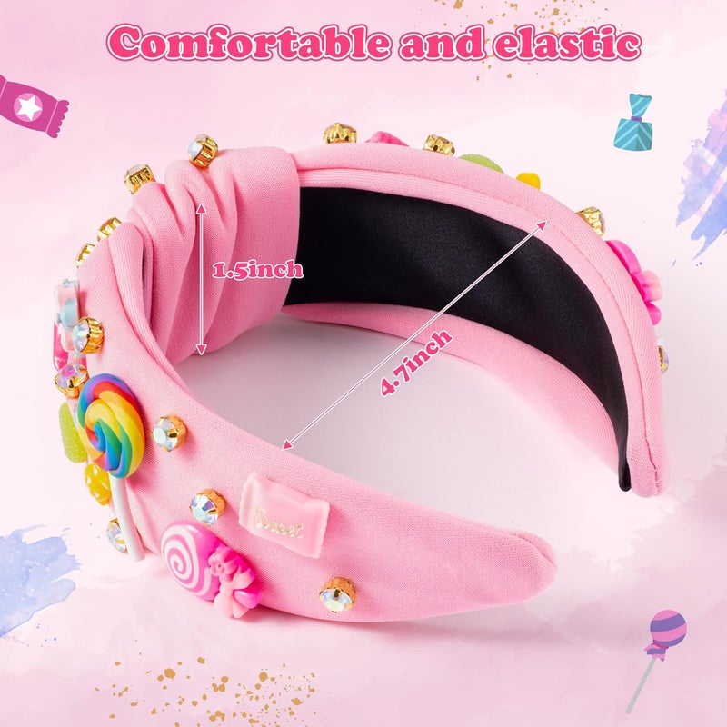PANTIDE Candy Jeweled Knotted Headband - Christmas Rainbow Lollipop Rhinestone Embellished Preppy Headband Non Slip Wide Top Knot Hairband Hair Accessories Birthday Gift for Women Girls (Pink) - Image 2